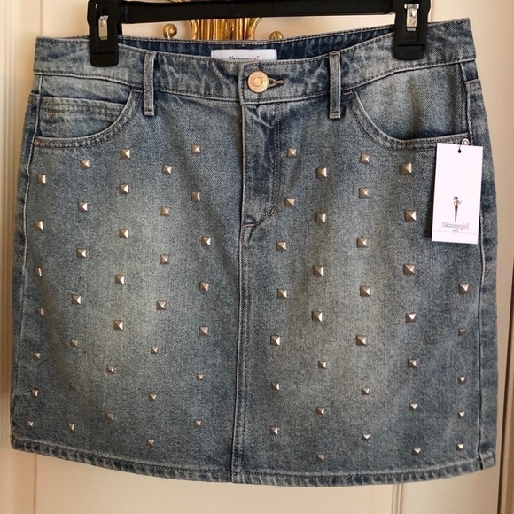 Denim Blue Mini Skirt SKINNY-GIRL JEANS Studded Party Festival Streetwear Micro - Picture 6 of 8